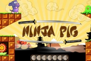 Renkli bloklar üzerinde duran mor bir domuz ve yeşil yaratık ile iki kılıç arasında Ninja Pig yazısı, arka planda dağ ve pagoda silüetleri