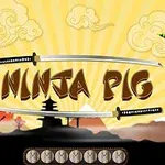 Renkli bloklar üzerinde duran mor bir domuz ve yeşil yaratık ile iki kılıç arasında Ninja Pig yazısı, arka planda dağ ve pagoda silüetleri