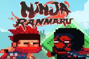 Piksel tarzında, mavi arka plan önünde iki ninja karakteri ve üstte büyük yazılar