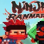 Piksel tarzında, mavi arka plan önünde iki ninja karakteri ve üstte büyük yazılar