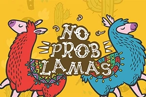 Renkli desenli kırmızı ve mavi lamaların ortasında No Prob Llamas yazısı bulunan eğlenceli bir çizim