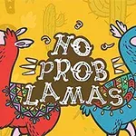 Renkli desenli kırmızı ve mavi lamaların ortasında No Prob Llamas yazısı bulunan eğlenceli bir çizim