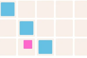 Bej bir arka plan üzerinde, mavi ve pembe renkli karelerin yer aldığı grid deseni