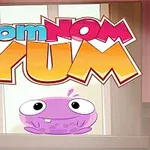 Pencere içinde büyük gözlerle bakan mor sevimli yaratık ve üzerinde nom NOM YUM yazısı