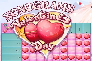 Kalp şeklinde bir bulmacanın üzerinde Nonograms Valentines Day yazısıyla süslenmiş bir görüntü
