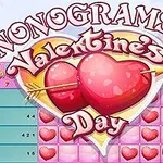 Kalp şeklinde bir bulmacanın üzerinde Nonograms Valentines Day yazısıyla süslenmiş bir görüntü