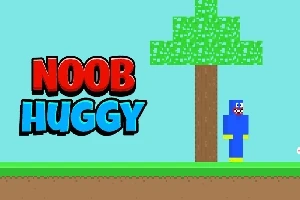 Piksel tarzı bir karakter, yeşil bir ağaç ile birlikte mavi bir arka plan önünde duruyor ve büyük harflerle NOOB HUGGY yazısı bulunuyor