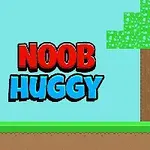 Piksel tarzı bir karakter, yeşil bir ağaç ile birlikte mavi bir arka plan önünde duruyor ve büyük harflerle NOOB HUGGY yazısı bulunuyor