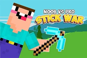 Bloklu bir karakter, elinde mavi bir kazma tutarken yeşil bir arka plan önünde Noob vs Pro Stick War yazısı görülüyor