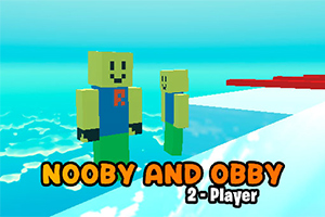 Kare vücutlu, yüzleri gülümseyen iki karakter mavi bir zeminde yan yana duruyor, altlarında “Nooby and Obby 2-Player” yazısı var