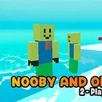 Kare vücutlu, yüzleri gülümseyen iki karakter mavi bir zeminde yan yana duruyor, altlarında “Nooby and Obby 2-Player” yazısı var