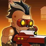 Mekanik bir arka planda, kırmızı gözlük takan ve büyük bir silah taşıyan mohawk saçlı çizgi film karakteri