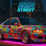 Renkli grafiti desenleriyle kaplanmış spor bir araba, şehir arka planında neon ışıklarla aydınlatılmış