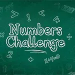 Yeşil bir okul tahtası üzerinde beyaz tebeşirle yazılmış sayılar, matematik sembolleri ve Numbers Challenge yazısı