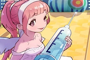 Pembe saçlı anime karakteri büyük bir şırınga tutuyor