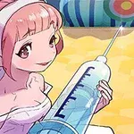Pembe saçlı anime karakteri büyük bir şırınga tutuyor