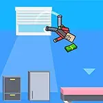 Piksel tarzı bir karakter, havada uçarken bir yeşil banknot tutuyor; arka planda bir yatak, dolaplar ve pencere yer alıyor