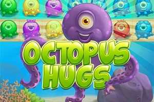 Mor bir ahtapot, renkli minik deniz canlıları ve Octopus Hugs yazısı