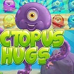 Mor bir ahtapot, renkli minik deniz canlıları ve Octopus Hugs yazısı