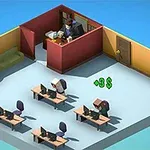 İzometrik bir ofis alanında, duvardaki kapalı bir odada masa başındaki kişi ve odanın dışında, bilgisayarlarla sıralanmış masaları olan büyük bir alanda çalıştığı görülen iki kişi