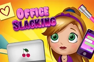 Genç bir kız, mor telefon ve üzerinde kiraz simgesi olan dizüstü bilgisayar ile ofis temasında, renkli arka plan ve Office Slacking yazısı