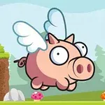 Kanatlı pembe bir domuz, karikatür tarzında, mantarlarla dolu bir ormanda uçuyor