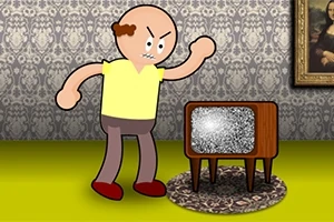 Karikatür tarzında bir adam, eski model bir televizyona öfkeli bir şekilde bakarken, arka planda klasik desenli bir duvar kâğıdı ve Mona Lisa tablosu görülüyor