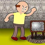 Karikatür tarzında bir adam, eski model bir televizyona öfkeli bir şekilde bakarken, arka planda klasik desenli bir duvar kâğıdı ve Mona Lisa tablosu görülüyor