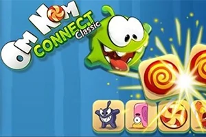 Sevimli, yeşil bir yaratık renkli şekerlerin yanında belirirken Om Nom Connect Classic yazısı