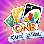 Renkli bir arka plan önünde üç kart ve One Card Game yazısı