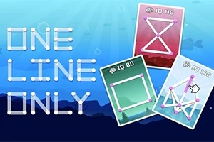Üç tane çizgi bulmaca kartı ve One Line Only yazısı mavi bir arka plan üzerinde yer alıyor