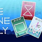 Üç tane çizgi bulmaca kartı ve One Line Only yazısı mavi bir arka plan üzerinde yer alıyor