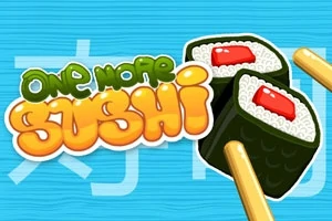 Renkli bir arka plan üzerinde, iki sushi dilimi ve One More Sushi yazısı