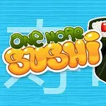 Renkli bir arka plan üzerinde, iki sushi dilimi ve One More Sushi yazısı