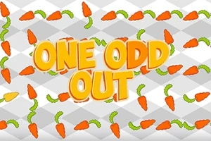 Turuncu büyük harflerle ONE ODD OUT yazısı ve etrafında dağılmış havuçlu arka plan
