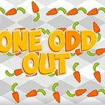 Turuncu büyük harflerle ONE ODD OUT yazısı ve etrafında dağılmış havuçlu arka plan
