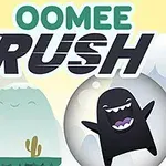Bir karakterin zıpladığı ve başka bir karakterin yanında durduğu, üstte OOMEE RUSH yazısının bulunduğu çizgi film tarzında bir sahne
