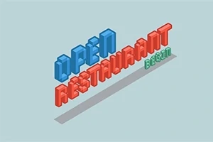 Mavi ve kırmızı üç boyutlu blok harflerle OPEN RESTAURANT begin yazısı