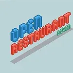 Mavi ve kırmızı üç boyutlu blok harflerle OPEN RESTAURANT begin yazısı