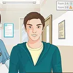 Sağlık çalışanı üniforması giymiş bir kadın ve casual giyimli bir erkek hastane koridorunda duruyor