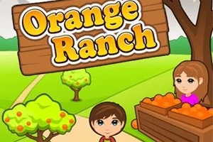 Çizimli bir çiftlik ortamında, Orange Ranch yazılı tabela, portakal dolu kasalar, ağaçlar ve iki çocuğun bulunduğu bir sahne