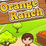 Çizimli bir çiftlik ortamında, Orange Ranch yazılı tabela, portakal dolu kasalar, ağaçlar ve iki çocuğun bulunduğu bir sahne