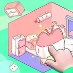 Pastel renklerle tasarlanmış bir odada, pembe ve beyaz tonlarında çeşitli peluş figürler ve bir el ile etkileşimde bulunulan büyük bir figür yer alıyor