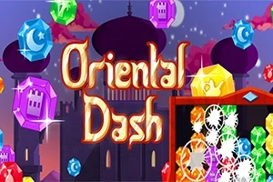 Renkli mücevherlerle çevrili büyük harflerle Oriental Dash yazısı ve arka planda kubbeli binalar