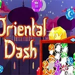 Renkli mücevherlerle çevrili büyük harflerle Oriental Dash yazısı ve arka planda kubbeli binalar