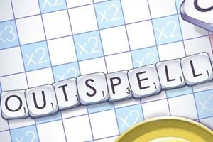 Mavi ve beyaz karelerden oluşan bir oyun tahtası üzerinde OUTSPELL kelimesi yer almakta