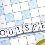 Mavi ve beyaz karelerden oluşan bir oyun tahtası üzerinde OUTSPELL kelimesi yer almakta