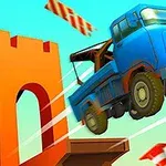 Mavi bir kamyon, kırmızı ve turuncu tonlardaki bir köprüye doğru uçuyor; etrafta yol konileri var