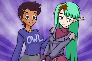 Mor arka plan önünde, birisi OWL yazılı mavi sweatshirt giyen koyu tenli kısa saçlı, diğeri uzun yeşil saçlı ve sivri kulaklı iki çizgi film karakteri