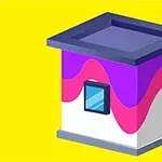 Sarı arka plan üzerinde mor ve pembe dalgalı desenlere sahip küçük, kutu şeklinde bir yapı